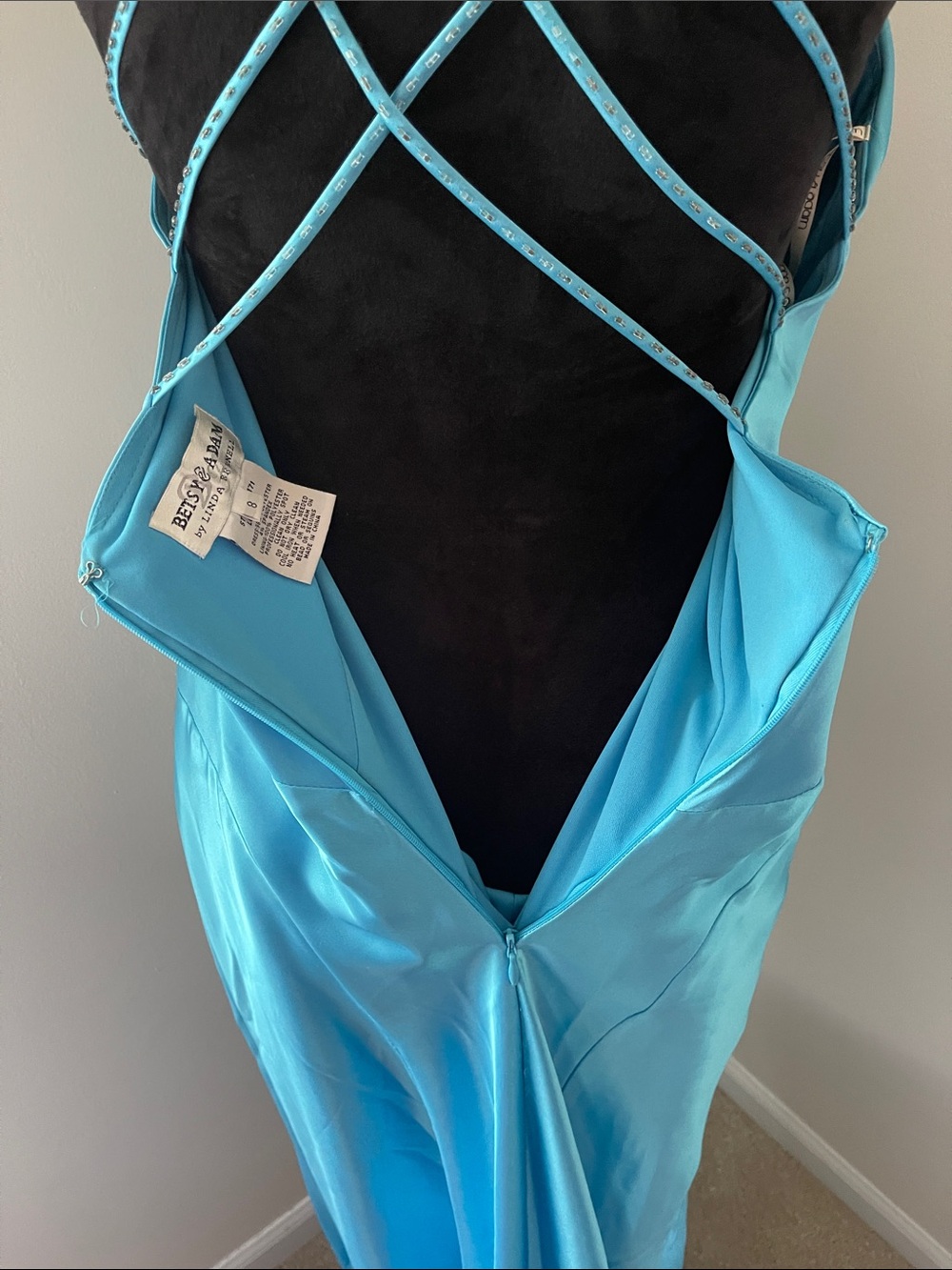 Turquoise Satin Dress with Embellished V-Neck and Criss-Cross Straps - Picture 5 of 6